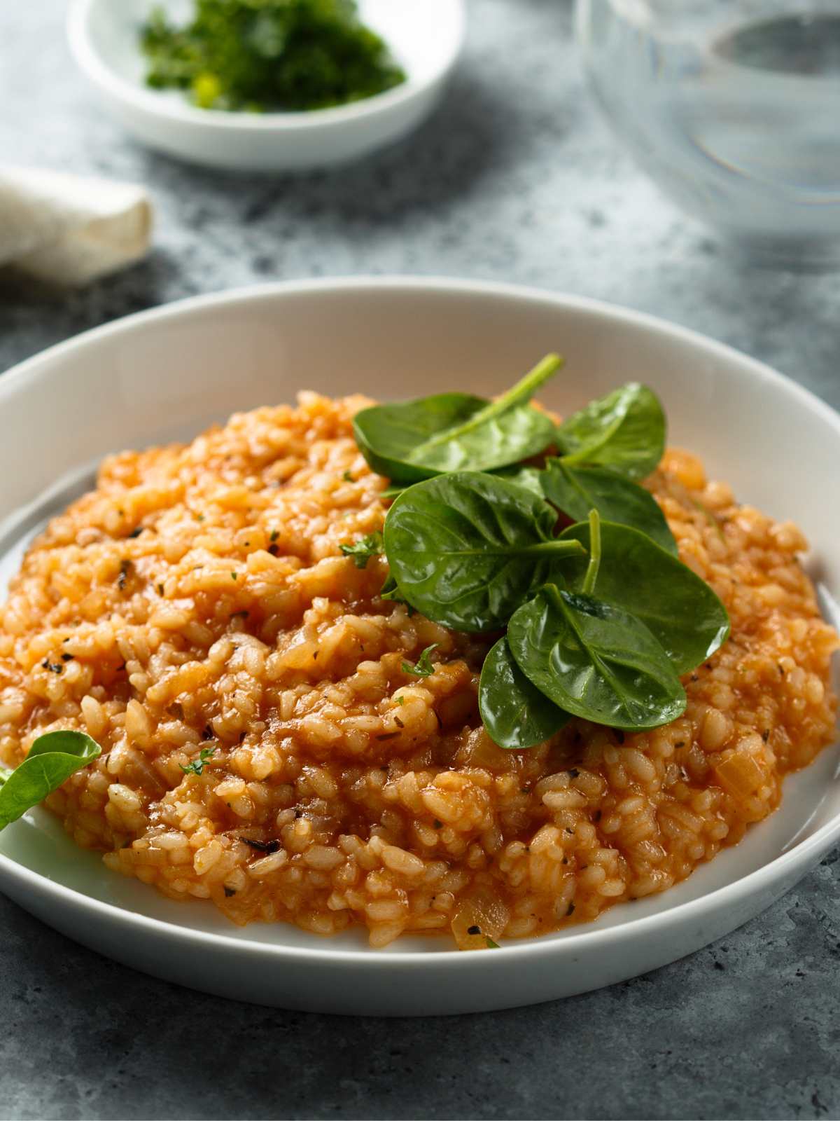 Tomato risotto on a plate, topped with spinach.