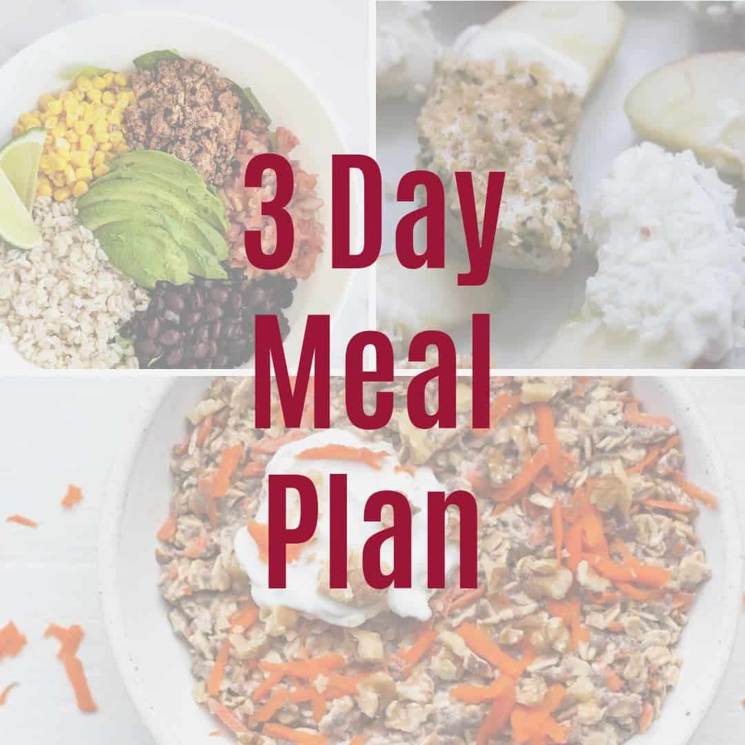 A collage of vegan recipes with text overlay "3 day meal plan."