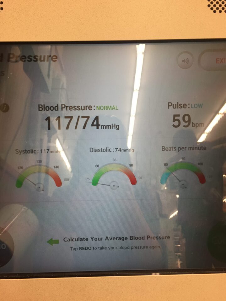 Blood pressure test result showing 117/74 mmHg