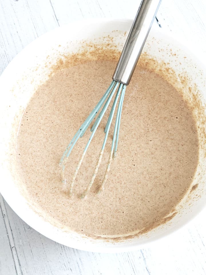 Egg-free pancaked batter mixed in a bowl with a whisk