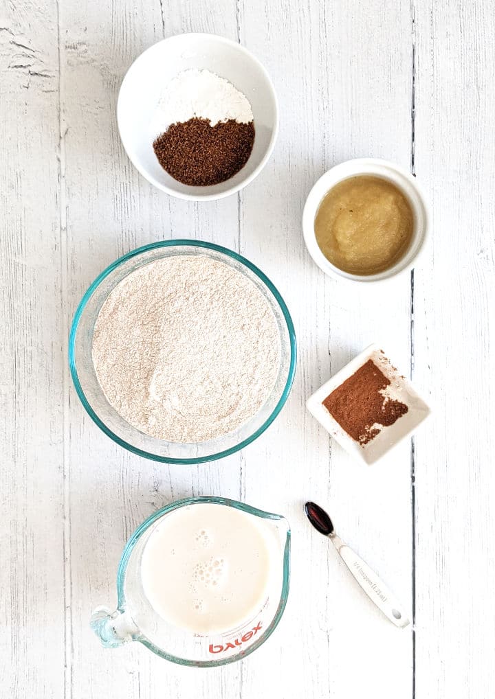 Overhead shot of ingredients measured out into bowls.