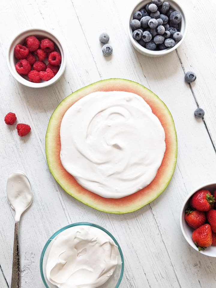 watermelon dessert pizza with coconut whipped cream