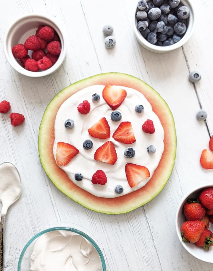 watermelon dessert pizza with coconut whipped cream