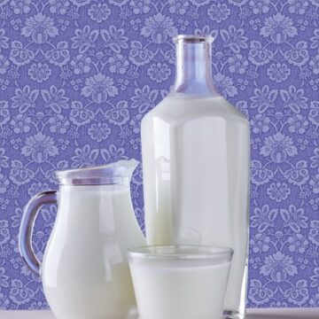A glass, a jug, and a large bottle all full of milk