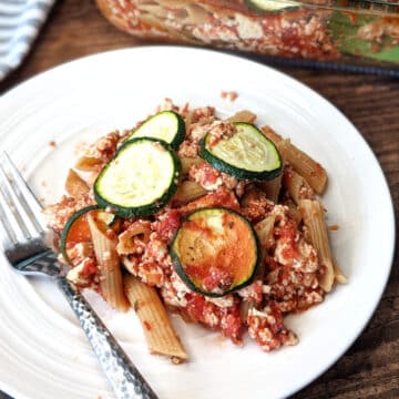 A serving of baked vegan pasta on a plate.