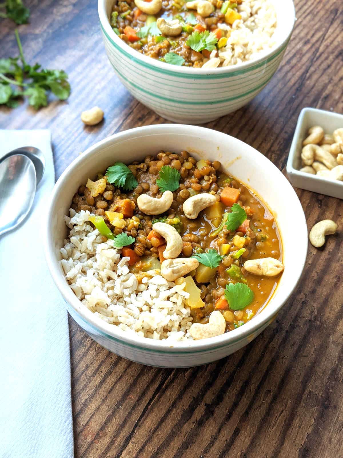 Lentil curry in a bowl with rice and topped with cashews and cilantro leaves.