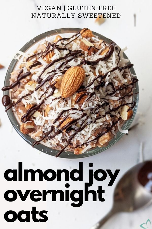Your favorite candy bar turned into a healthy and delicious breakfast! Made with mostly whole food ingredients to recreate the delicious combination of coconut, almonds and chocolate that make up Almond Joys. Make your morning more joyful! #almondjoy #overnightoats #porridge #plantbasedmealprep #veganbreakfast