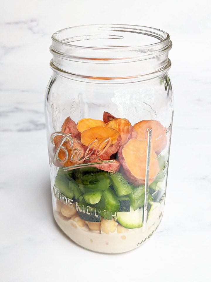 Sweet Potato & Chickpea Mason Jar Salad with Maple Tahini Dressing