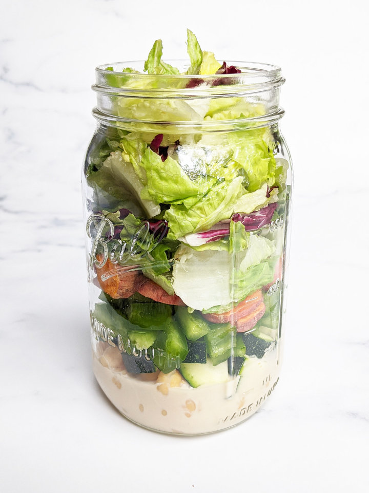 Sweet Potato & Chickpea Mason Jar Salad with Maple Tahini Dressing