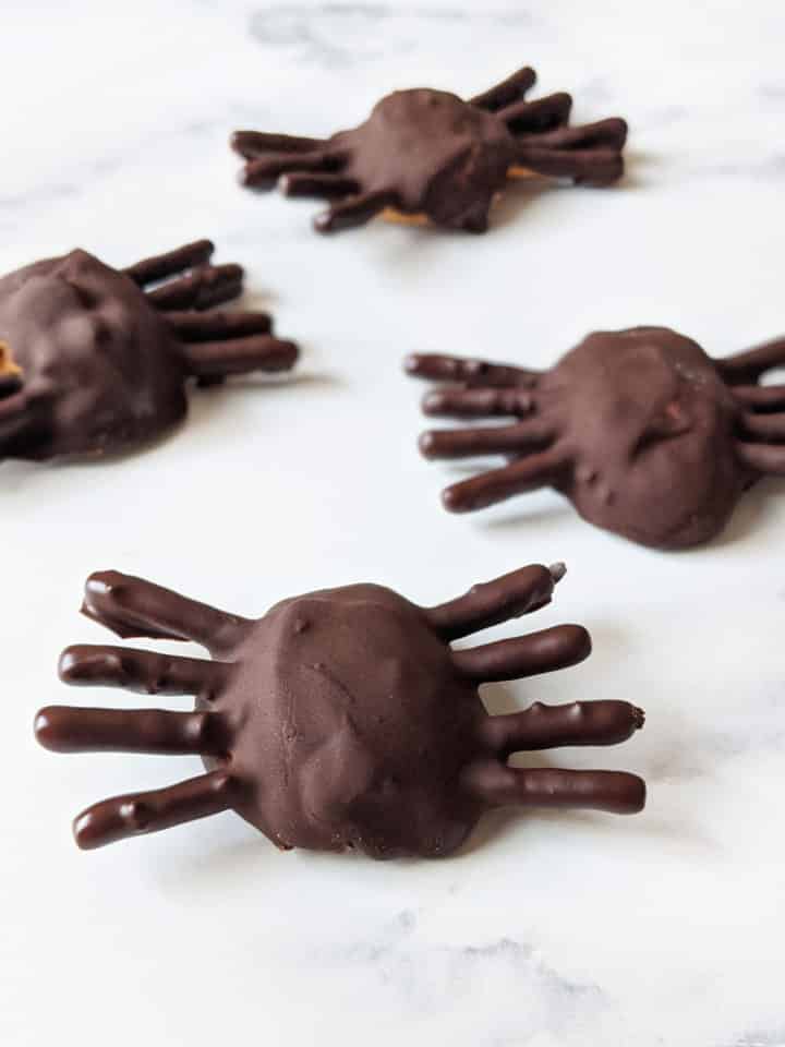 Chocolate peanut butter pretzels decorated to look like spiders for Halloween