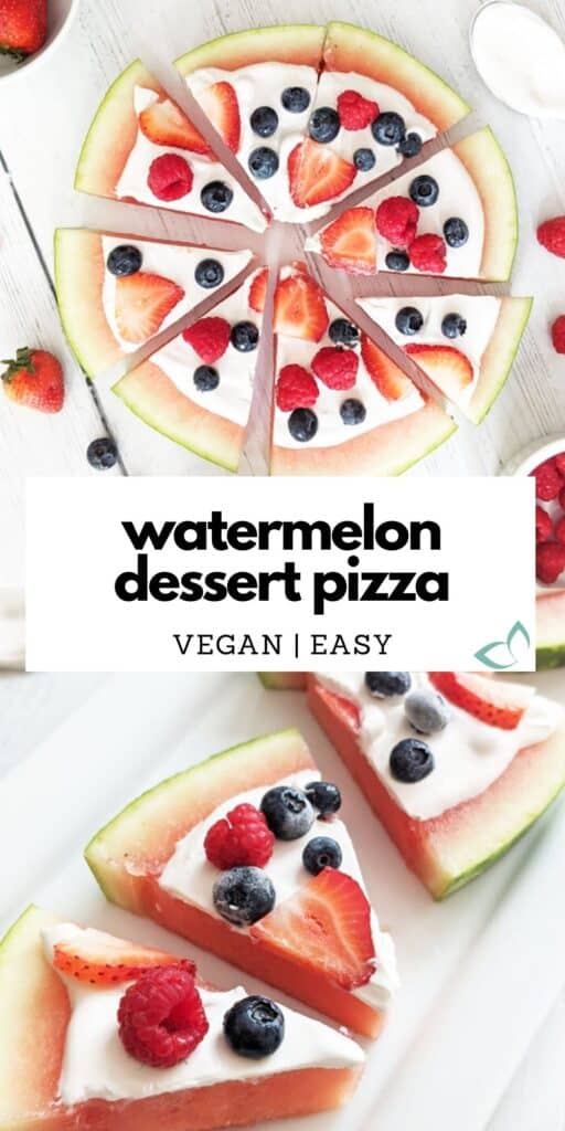 Watermelon Dessert "Pizza" is the perfect vegan treat for summer. Cool off with this easy, DELICIOUS, but also incredibly healthy dessert. Plus see the FULL TUTORIAL on how to make Coconut Whipped Cream at home! It's way easier than you think and goes great on top of this dessert pizza! #watermelon #summerdessert #plantbased #vegandessert #dessertrecipe #coconutwhippedcream