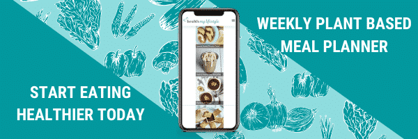 Image of Meal Planner on a mobile phone. O texto diz "Comece hoje a comer mais saudável, planeador semanal de refeições à base de plantas""Start eating healthier today, weekly plant based meal planner"