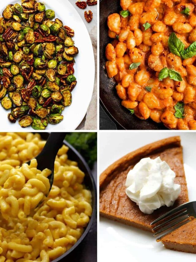 A collage of four vegan holiday recipes including roasted brussels sprouts, mac and cheese, gnocchi, and sweet potato pie.