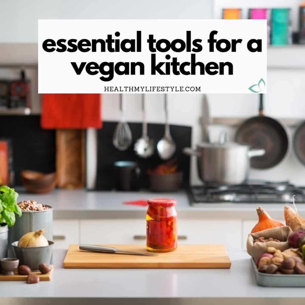 kitchen with cutting board and knife, vegetables on counter, and kitchen utensils and cookware in the background.