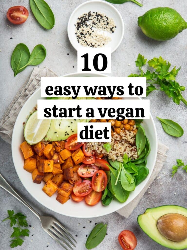 A bowl of sweet potato, quinoa, chickpeas, avocado, tomato, and spinach. Text on image reads: 10 easy ways to start a vegan diet