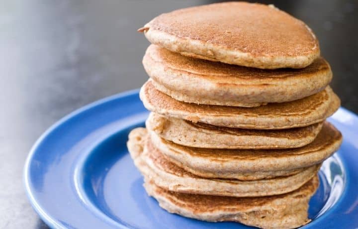 stack of pancakes on a blue plate