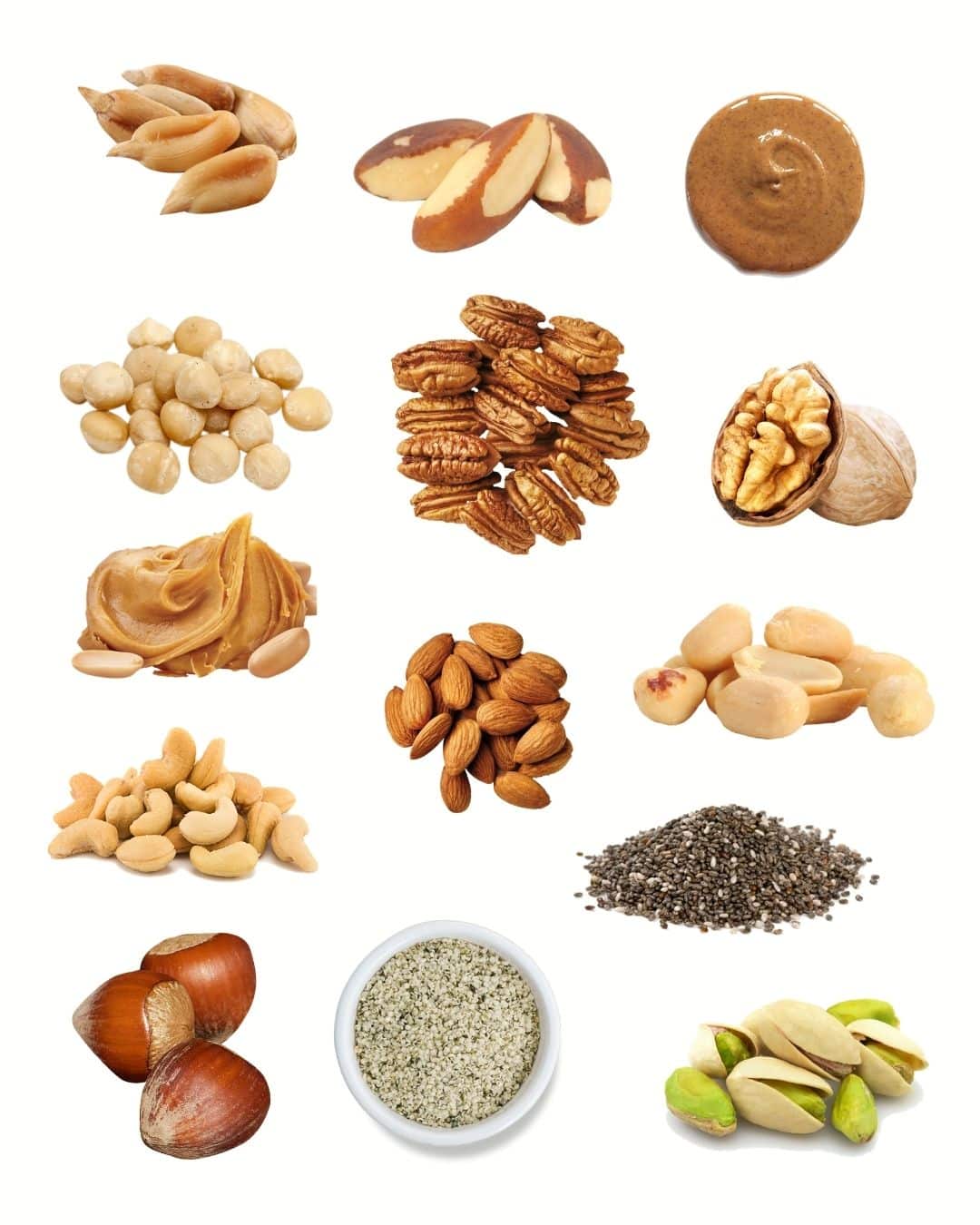 collage of a variety of nuts and seeds