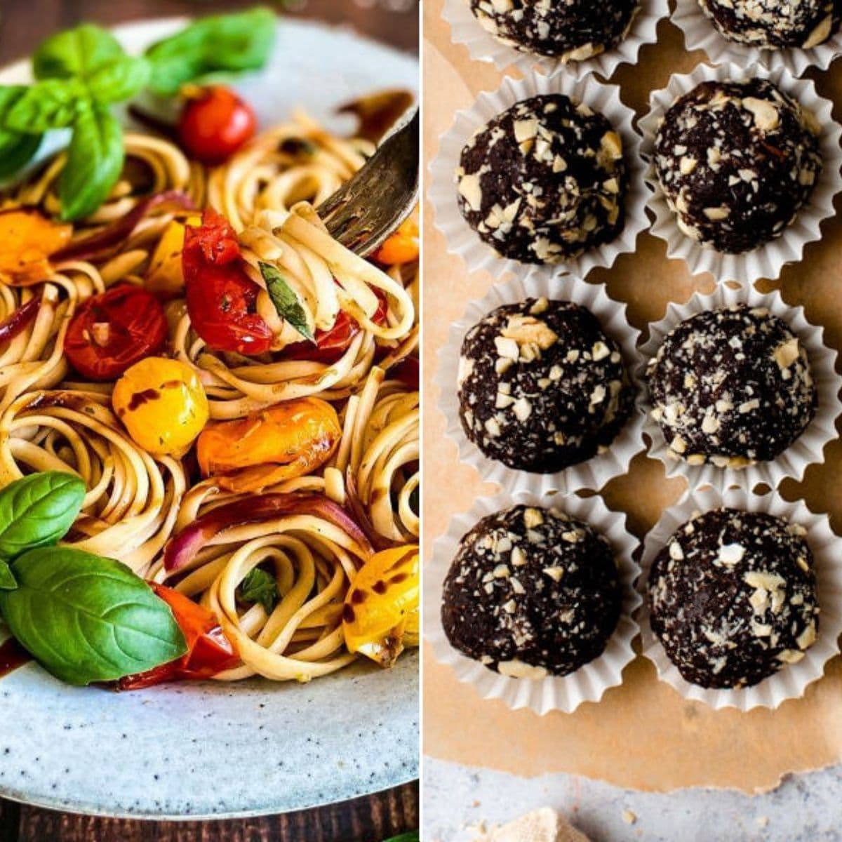 healthy pasta on one side of the image and chocolate truffles on the other