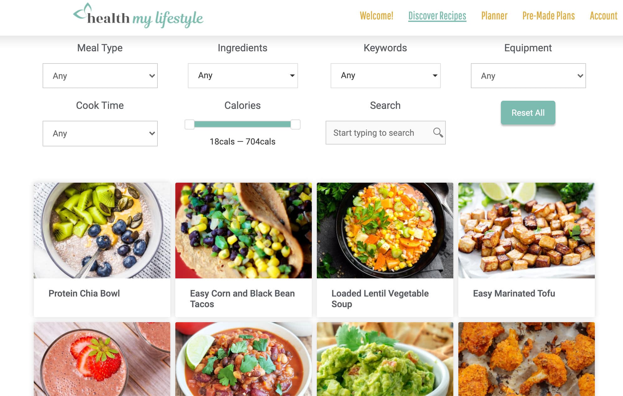 recipe database with search function for meal type, ingredients, keywords, equipment, cook time, calories per serving