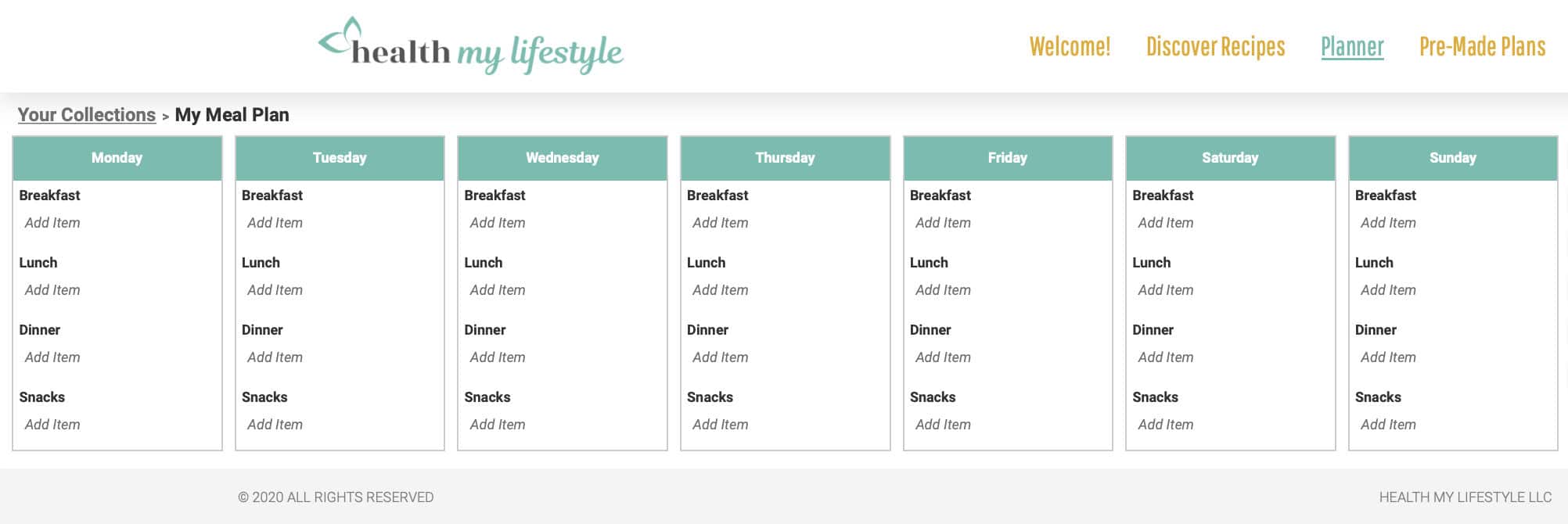 example meal plan schedule showing Monday through Sunday with options for breakfast, lunch, dinner, and snacks