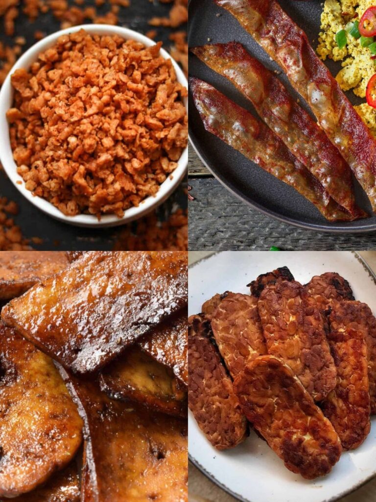 A collage of different vegan bacons