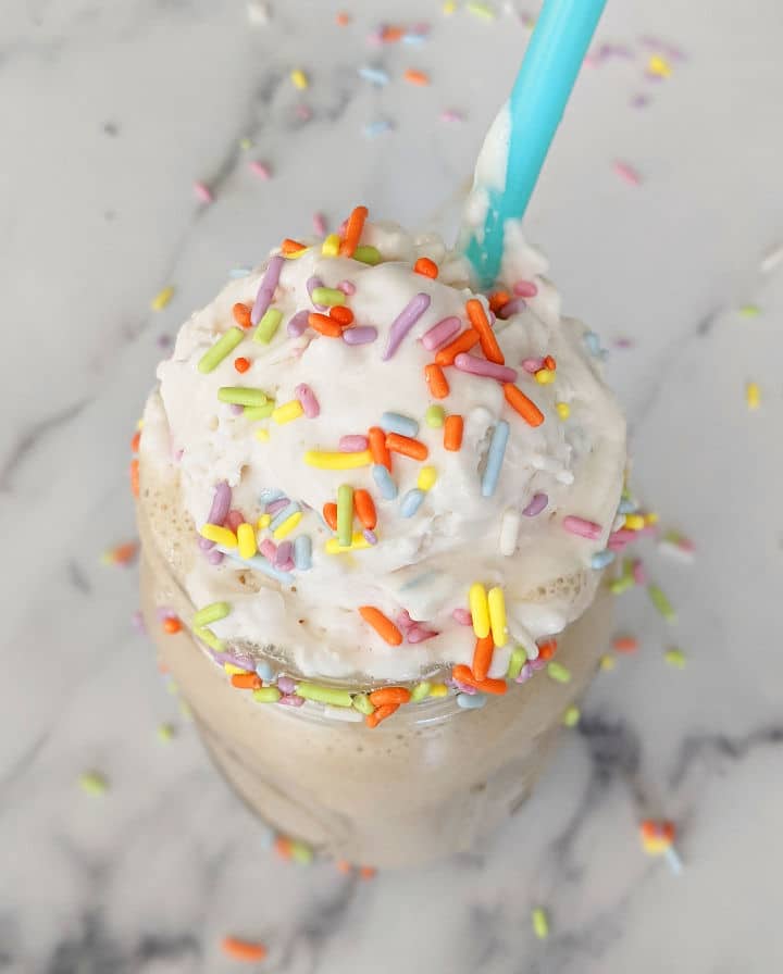 overhead shot of the shake topped with sprinkles and whipped cream
