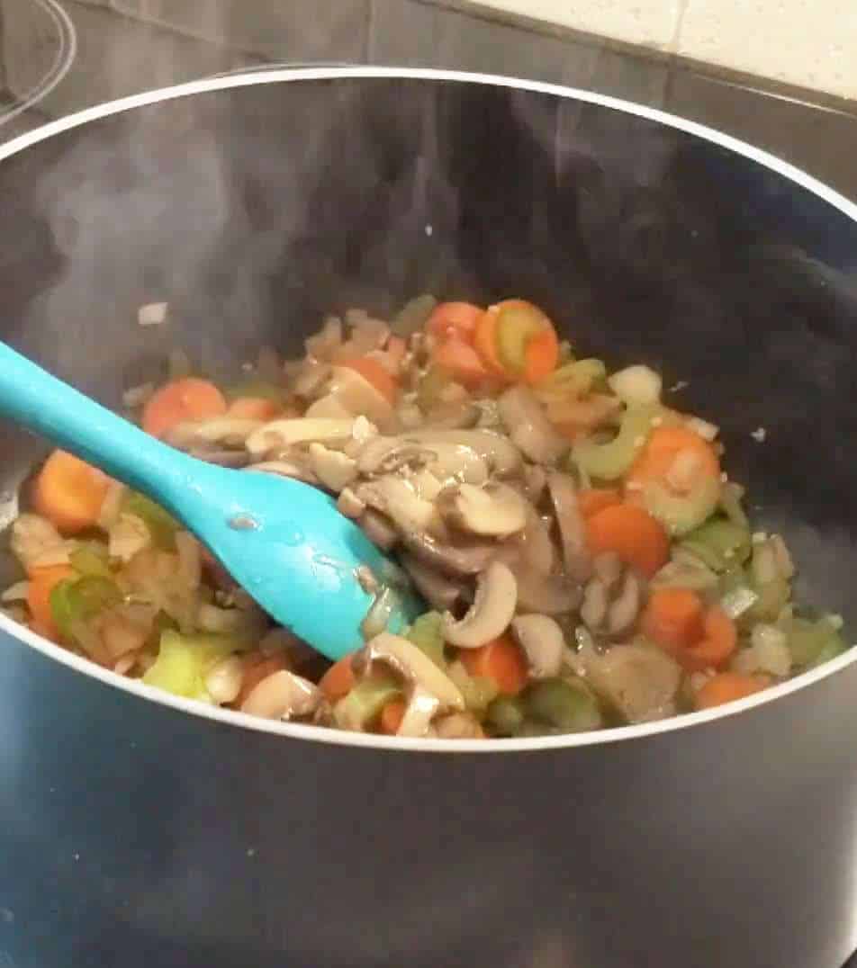 Vegetables simmering in large pot on stove.