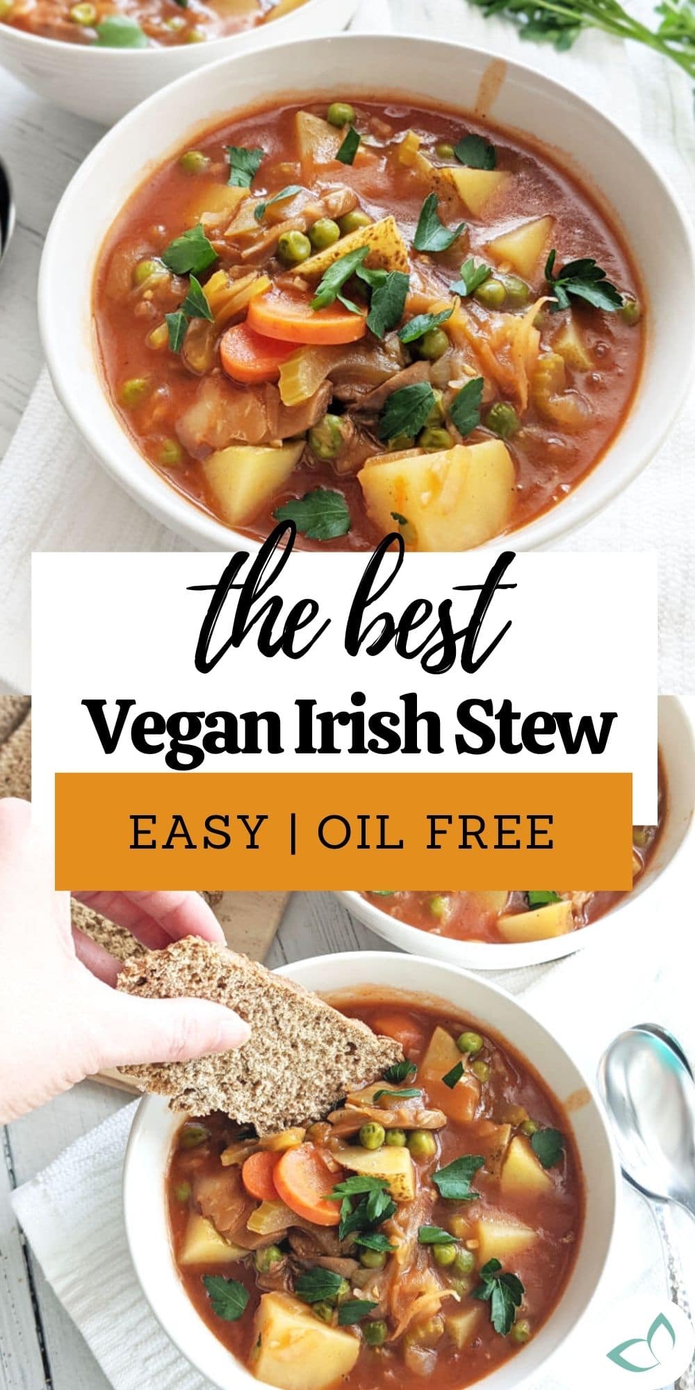 Bowls of vegetable stew with text overlay "the best vegan Irish stew easy oil free."