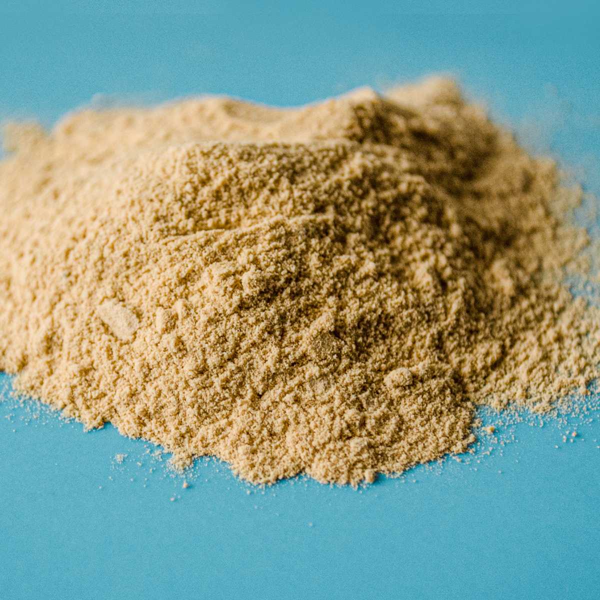 A pile of brewer's yeast powder on a blue background.