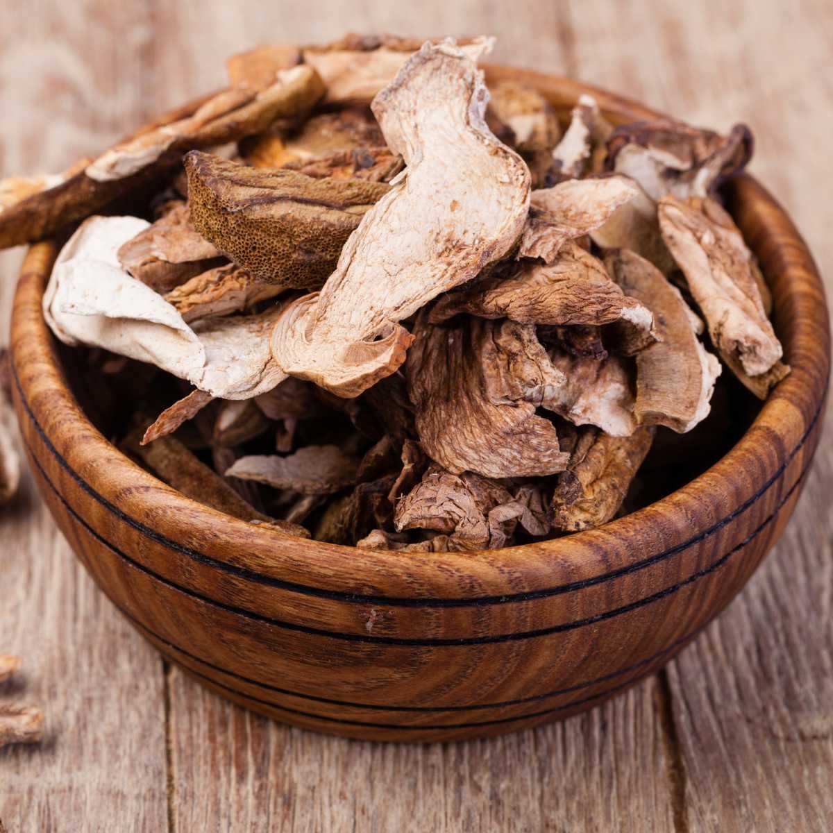 Dried mushrooms in a bowl.