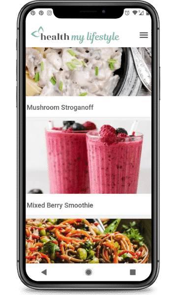 Cell phone mock up of meal planner with images of recipes on the phone screen