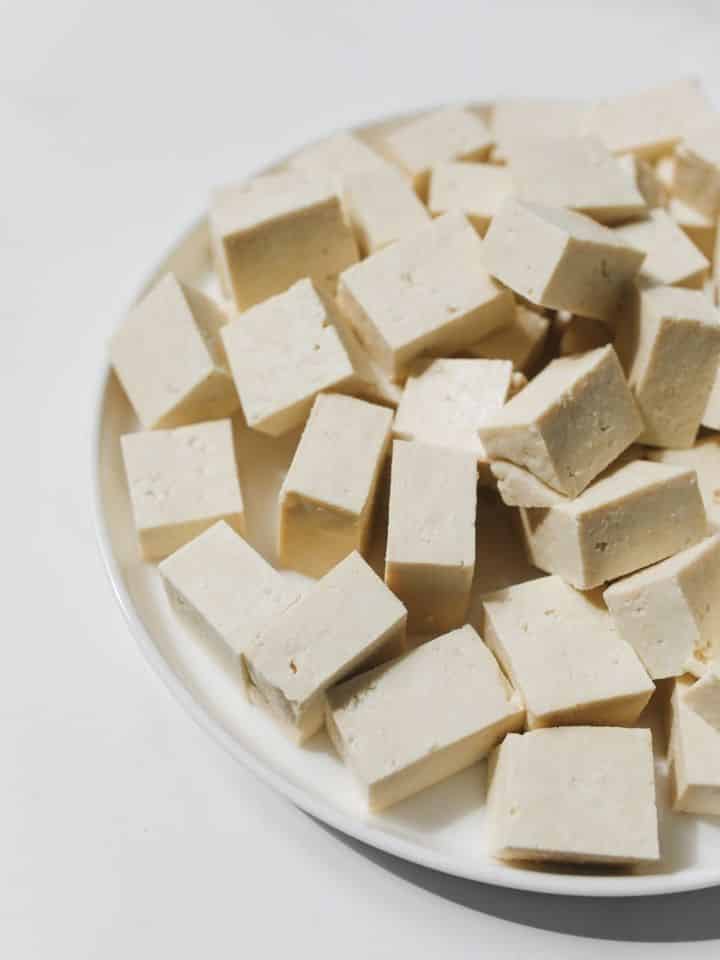 Cubes of soft tofu on a plate