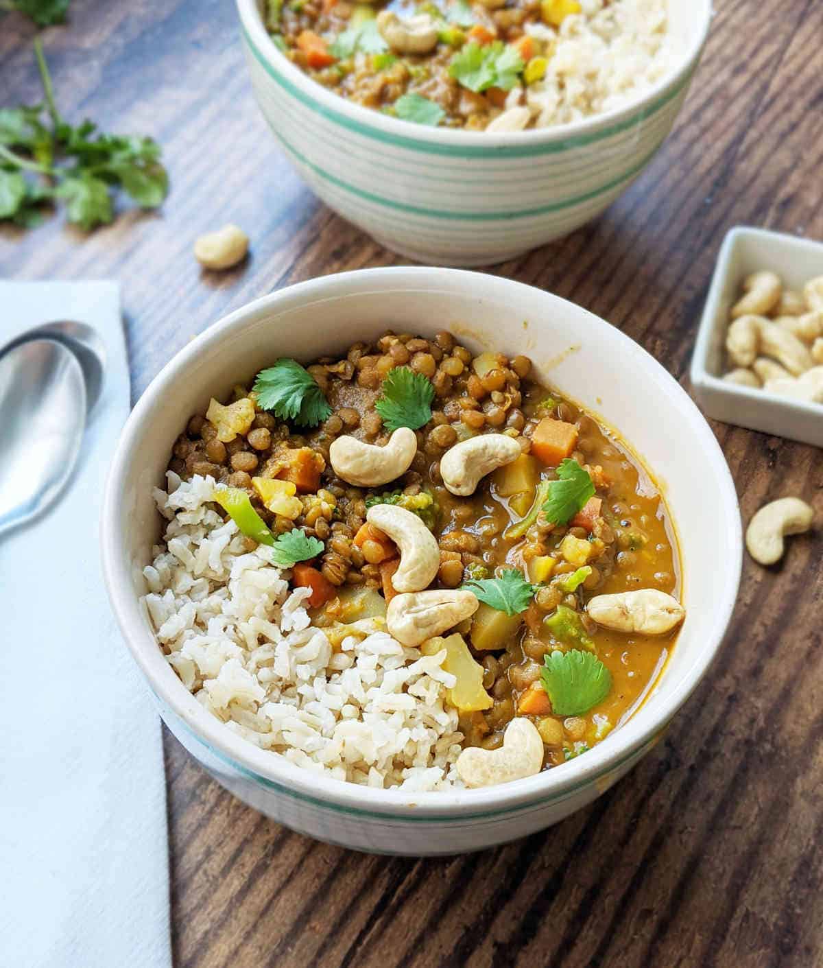 Bowl of curry with rice and cashews.