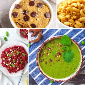 Collage of four lazy vegan recipes including beet pasta, pea soup, mug cake, and mac n' cheese.