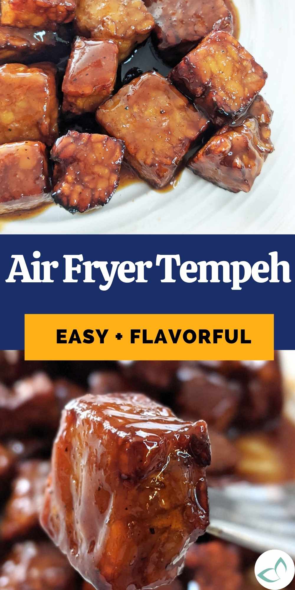 Pinterest image of air fryer tempeh with text overlay "air fryer tempeh easy + flavorful."