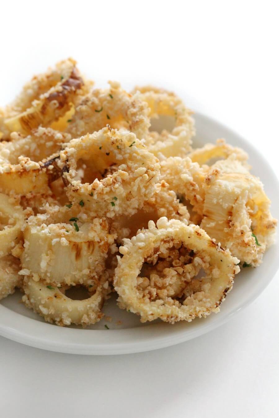 Vegan calamari piled on a serving platter.