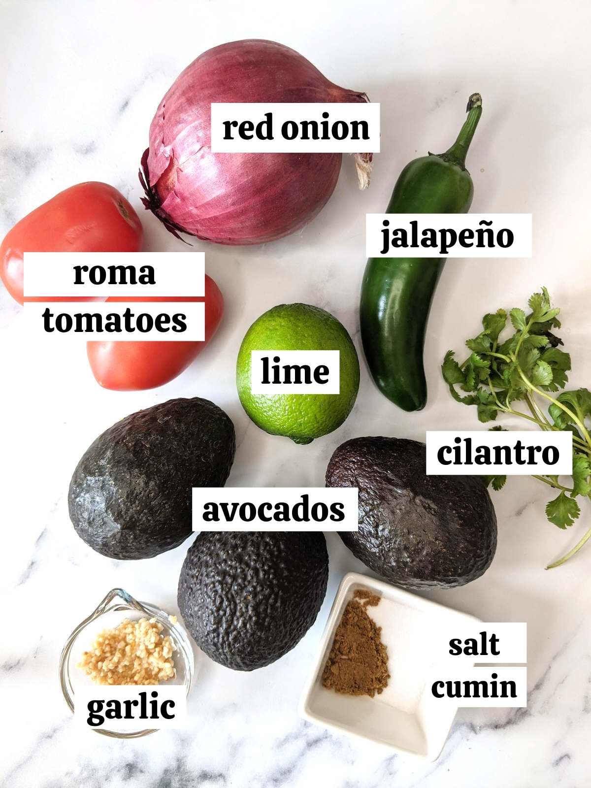 Ingredients of vegan guacamole laid out and labeled.