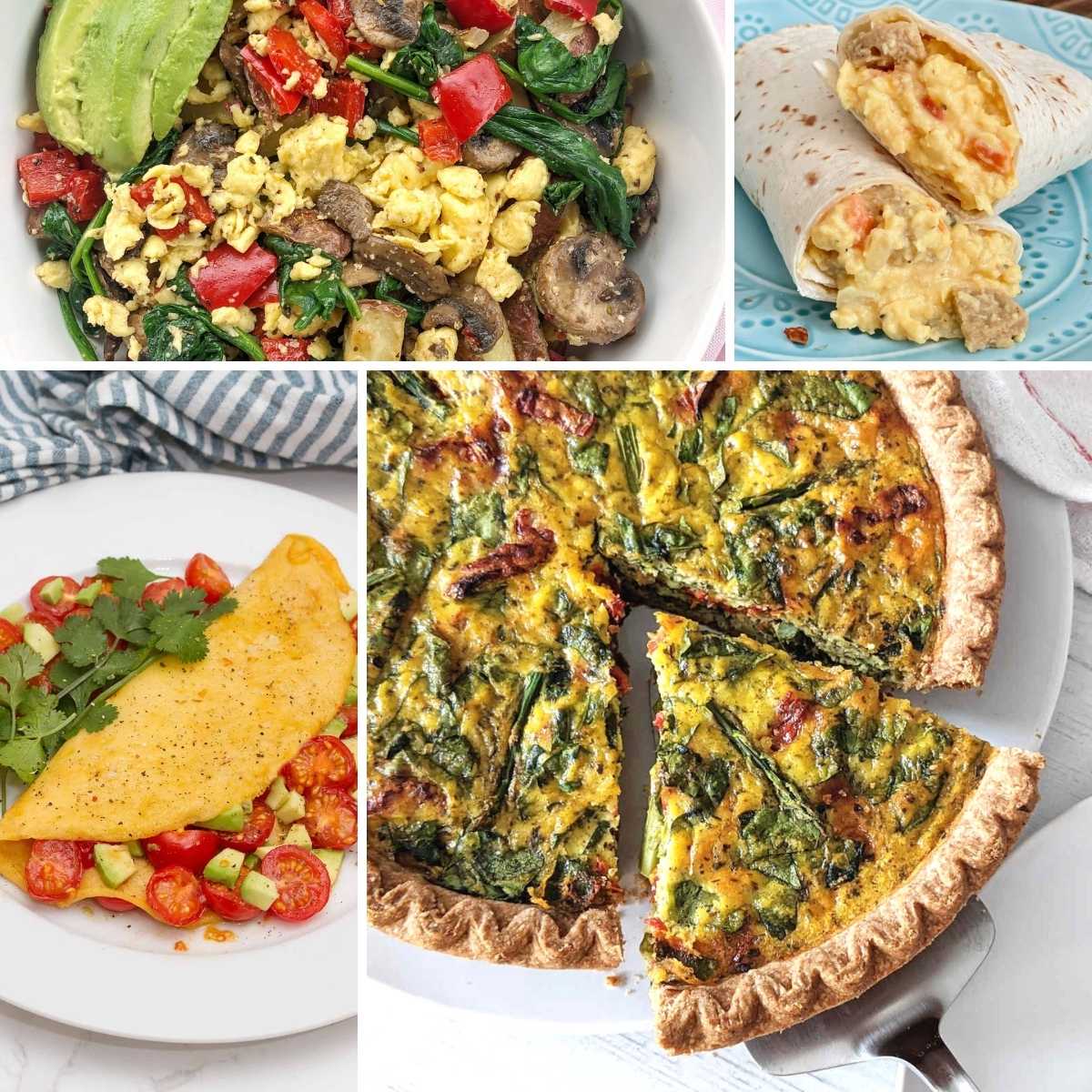 Collage of four Just Egg recipes including quiche, breakfast burritos, vegan omelette, and vegan breakfast hash.