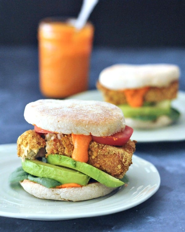 Vegan breakfast sandwich on a plate.