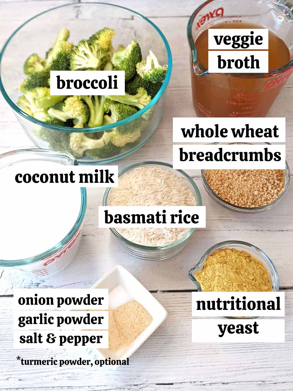 Ingredients for the vegan cheesy broccoli rice casserole measured and labelled.