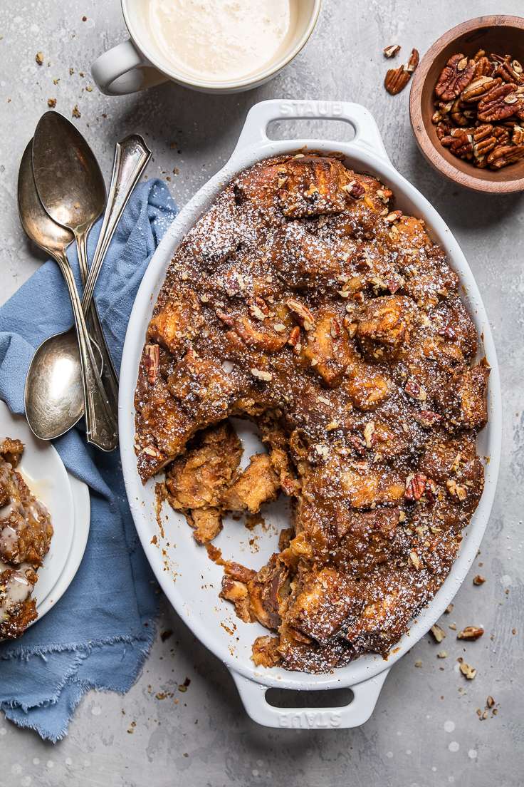 Baking dish full of vegan bread pudding.