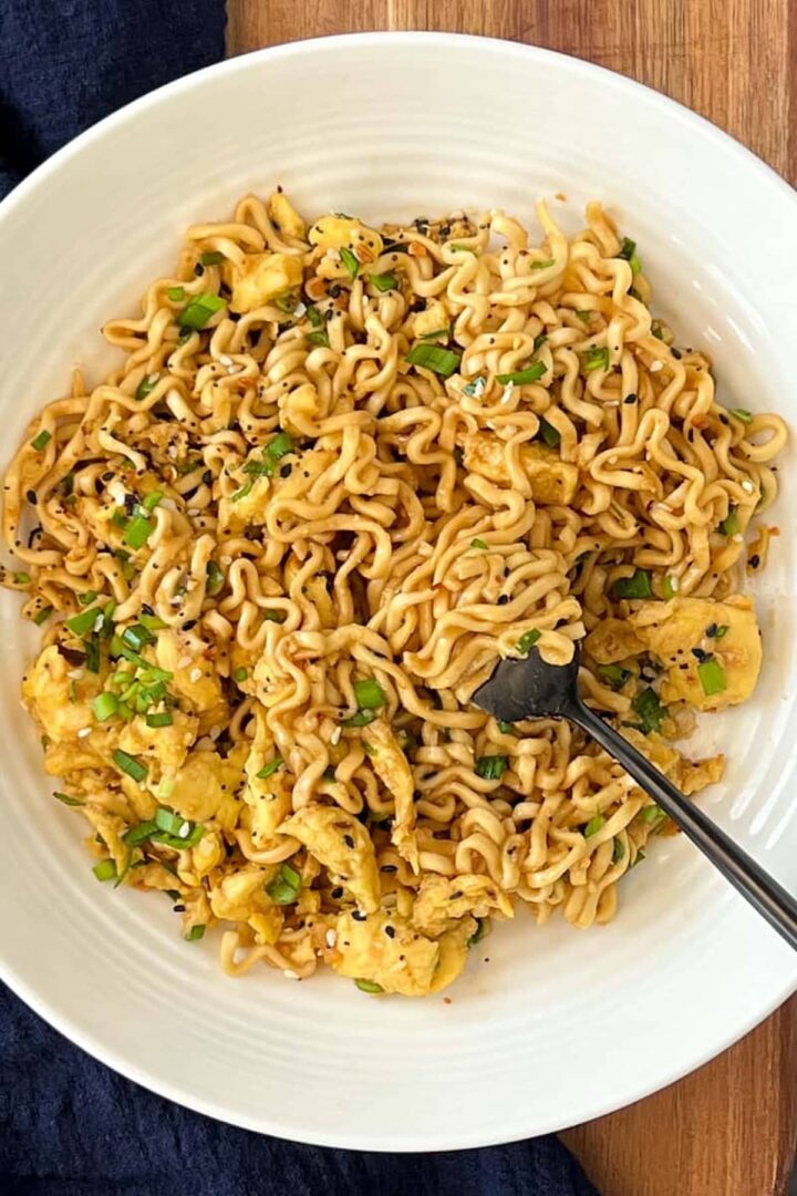 Vegan tiktok ramen in a bowl with a fork.