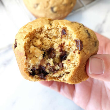 Hand holding vegan chocolate chip muffin with a bite missing.