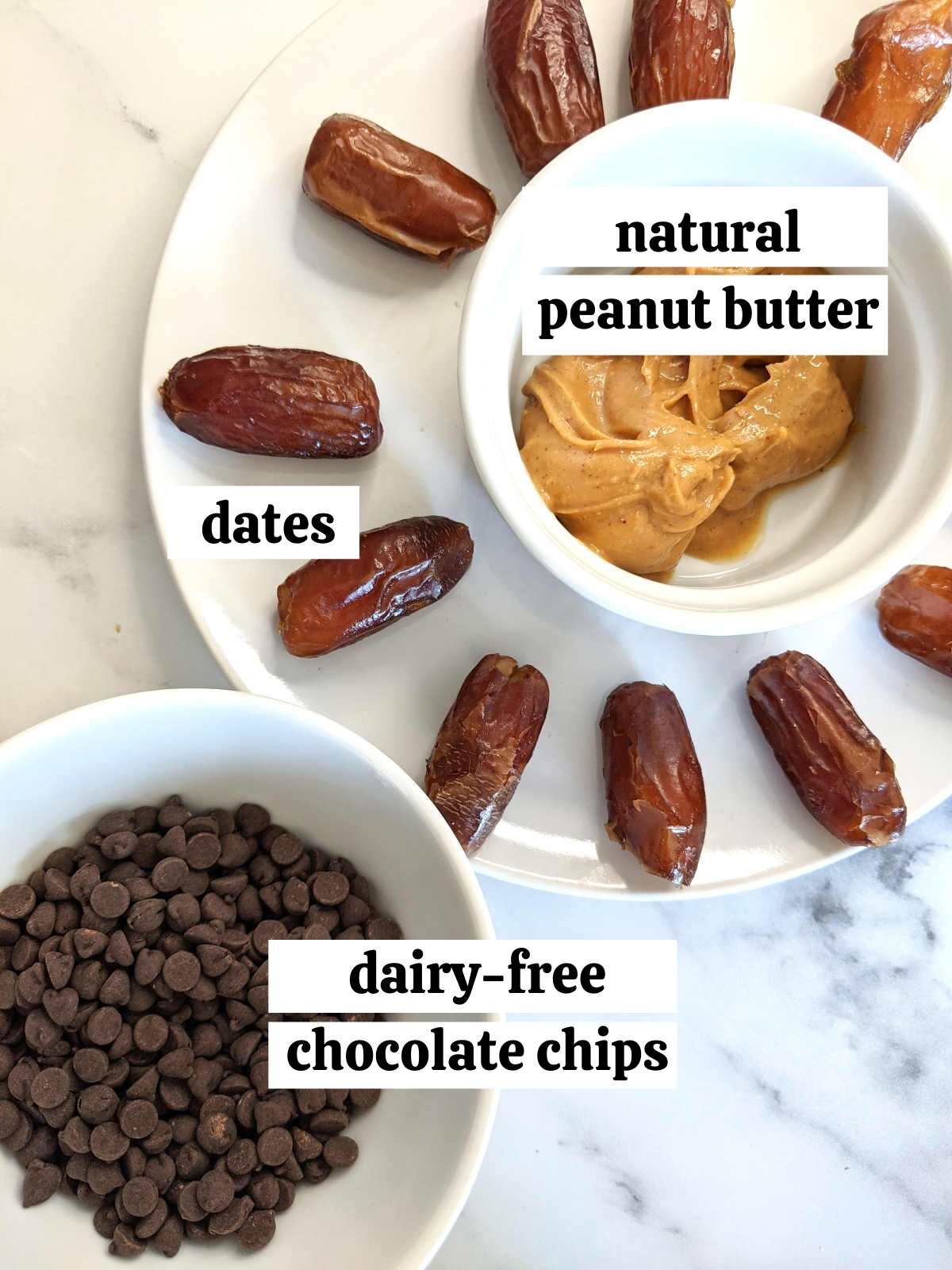 Ingredients for the chocolate covered peanut butter stuffed dates measured and labelled.