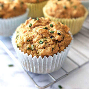 Savory vegan muffins sitting on a cooling rack.