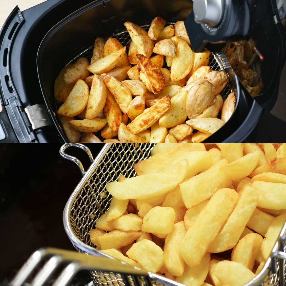 Image of an air fryer full of crispy potato fries above an image of a deep fryer basket with crispy potato fries.