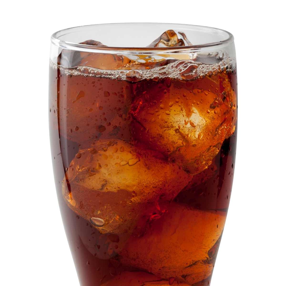 Soda in a glass with ice cubes.