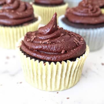 Chocolate vegan cupcakes with vegan frosting and chocolate shavings on top.