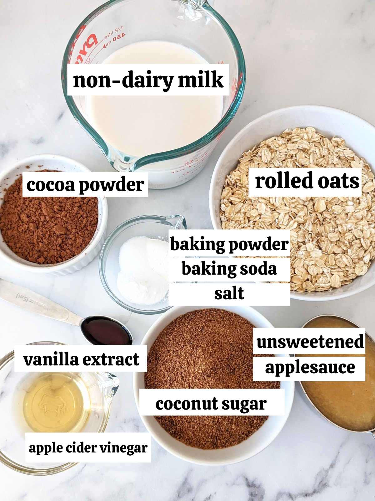 Ingredients for this vegan chocolate cupcakes recipe measured and labelled.