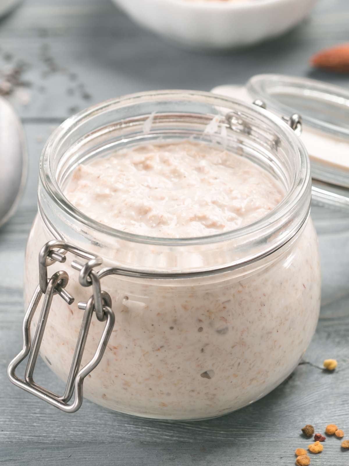 Protein overnight oats in a glass jar.